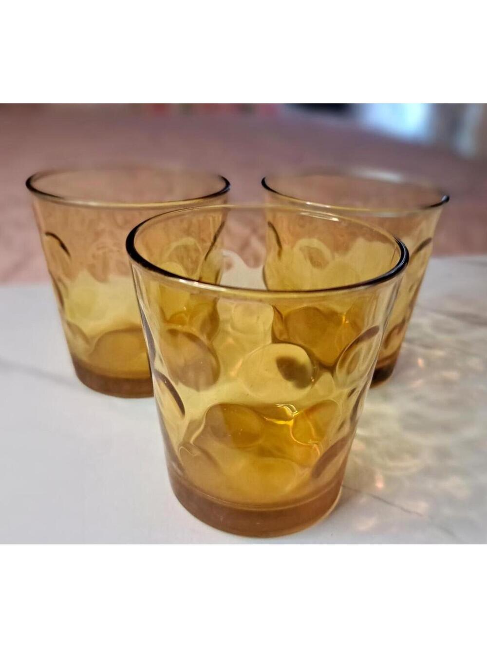 Vintage Set of 3 Hazel-Atlas Eldorado Gold Thumbprint Amber Glass Tumblers